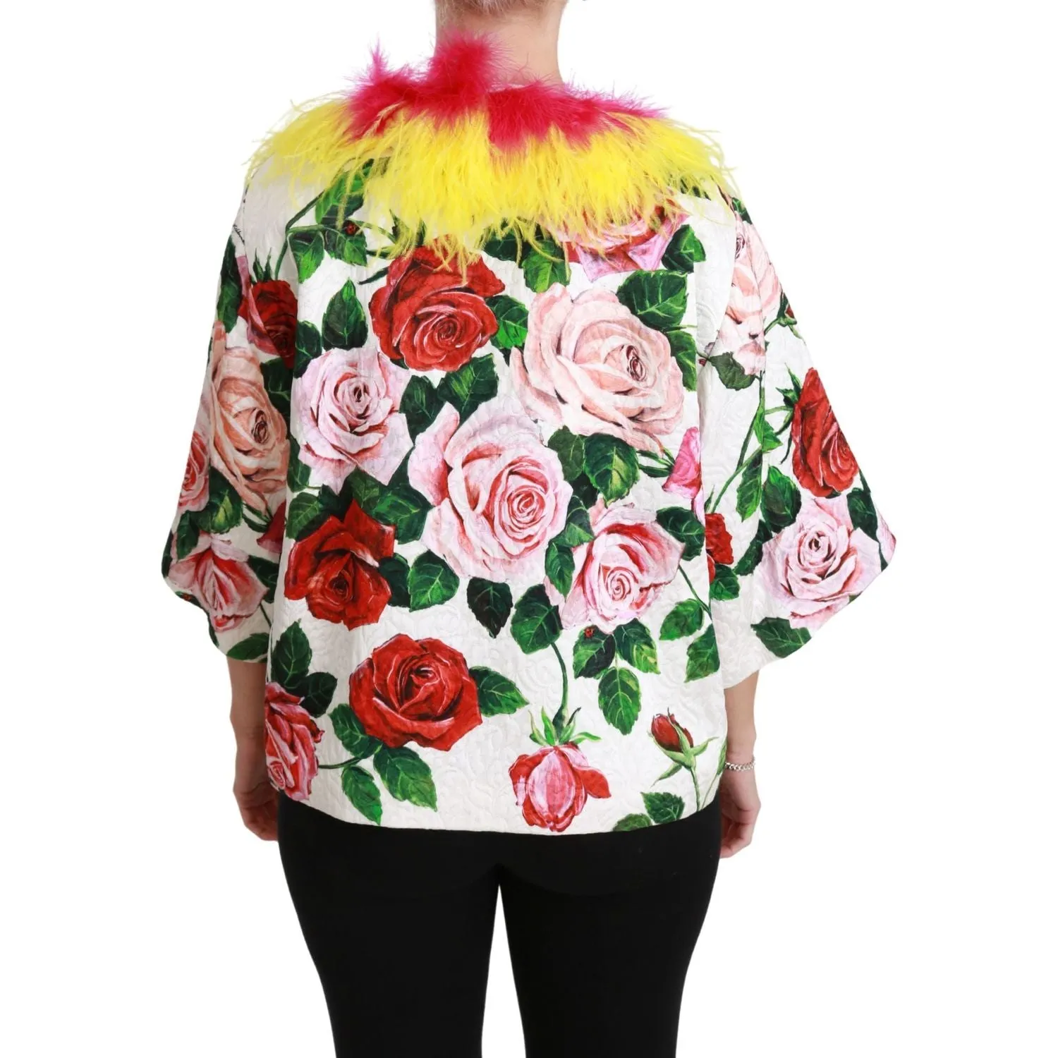 Dolce & Gabbana Elegant Floral Cape Jacket with Fur Details