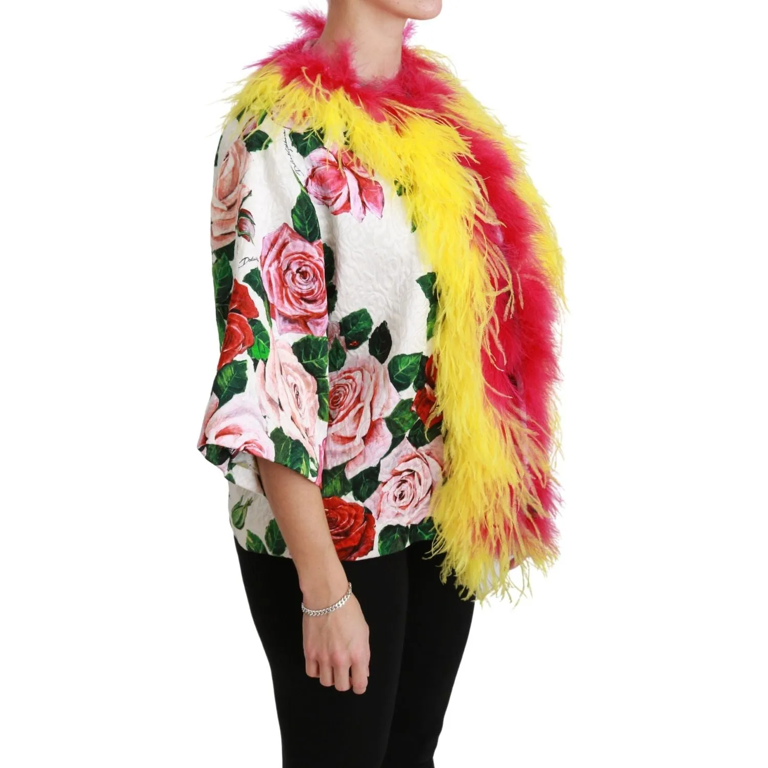 Dolce & Gabbana Elegant Floral Cape Jacket with Fur Details