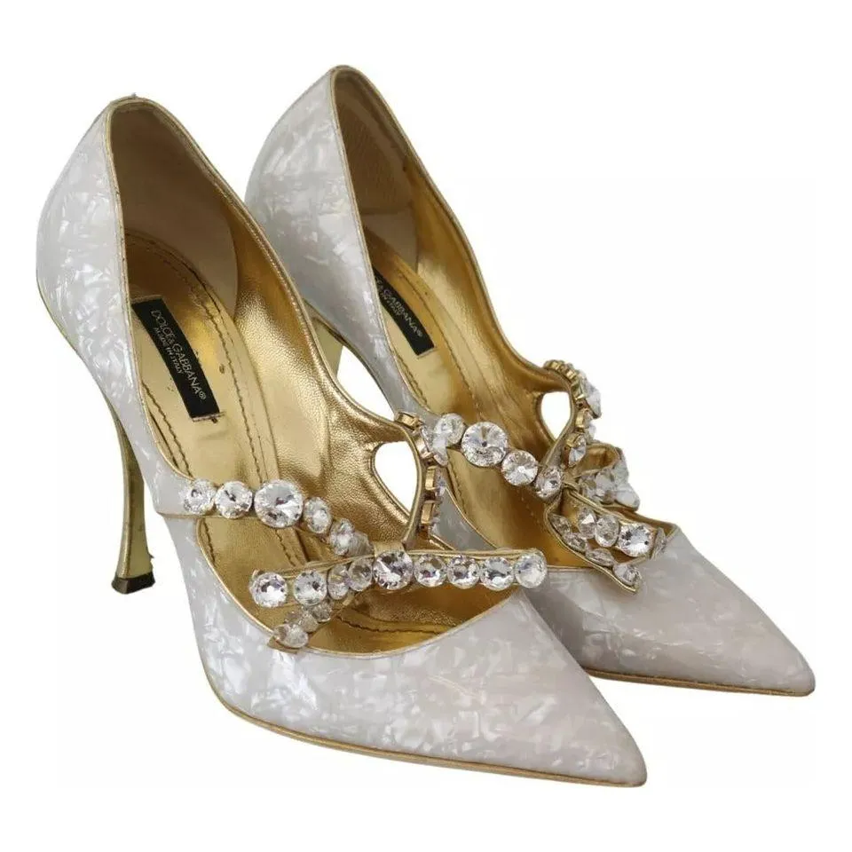 Dolce & Gabbana White Crystal Bow Pearl Mary Jane Pumps Shoes