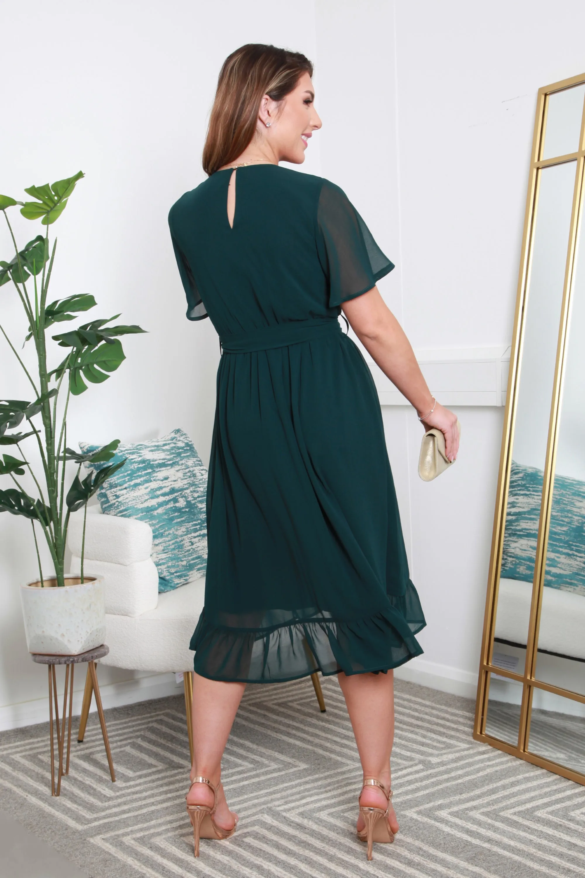 Double Second Green Chiffon Wrap Dress With Tea Sleeve