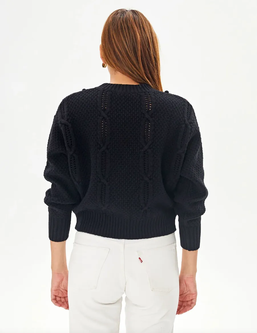 DROP SHOULDER SWEATER IN BLACK COTTON CASHMERE W. NAVY & POPPY CHAINS