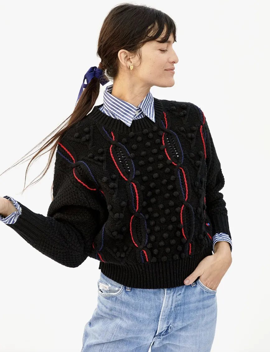 DROP SHOULDER SWEATER IN BLACK COTTON CASHMERE W. NAVY & POPPY CHAINS