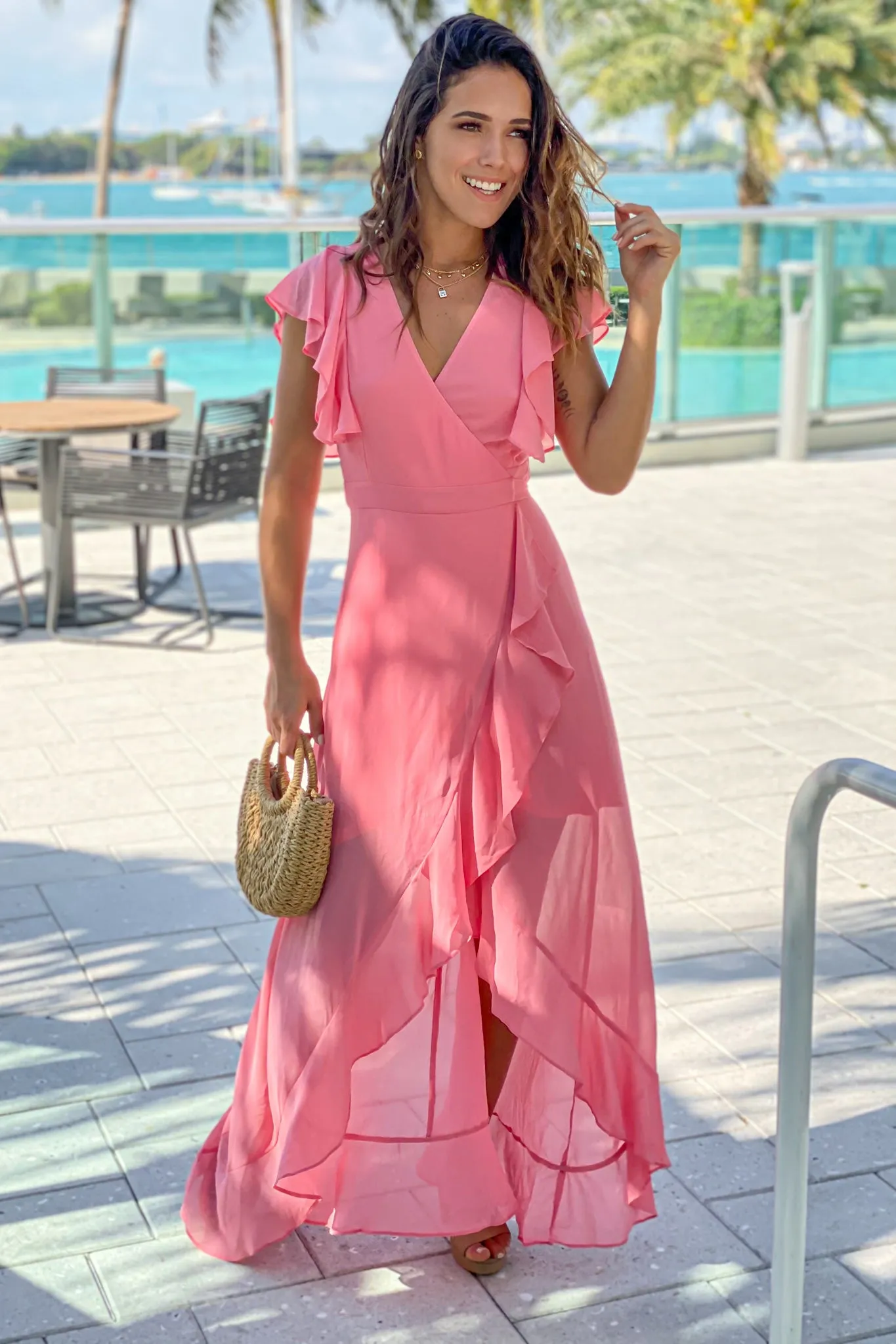 Dusty Rose Wrap Dress With Ruffle Detail