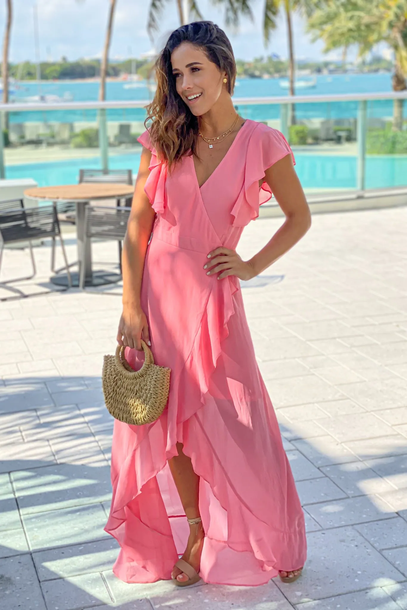 Dusty Rose Wrap Dress With Ruffle Detail