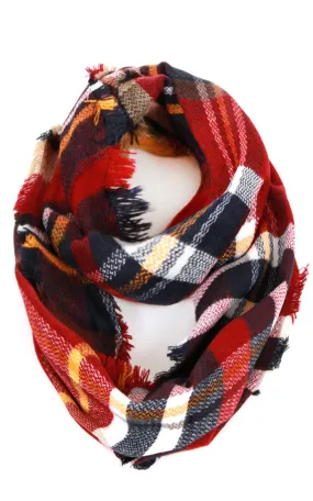 EAS8700 Burgundy Navy Plaid Infinity Scarf