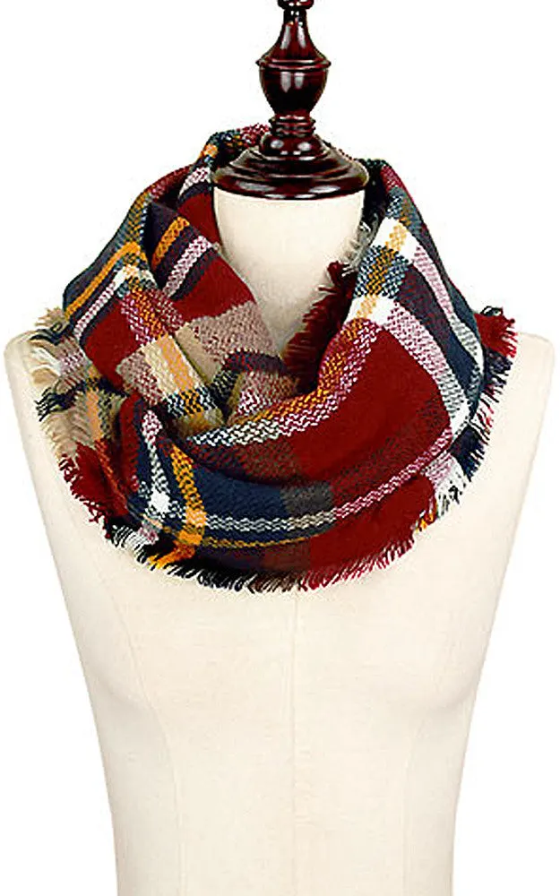 EAS8700 Burgundy Navy Plaid Infinity Scarf