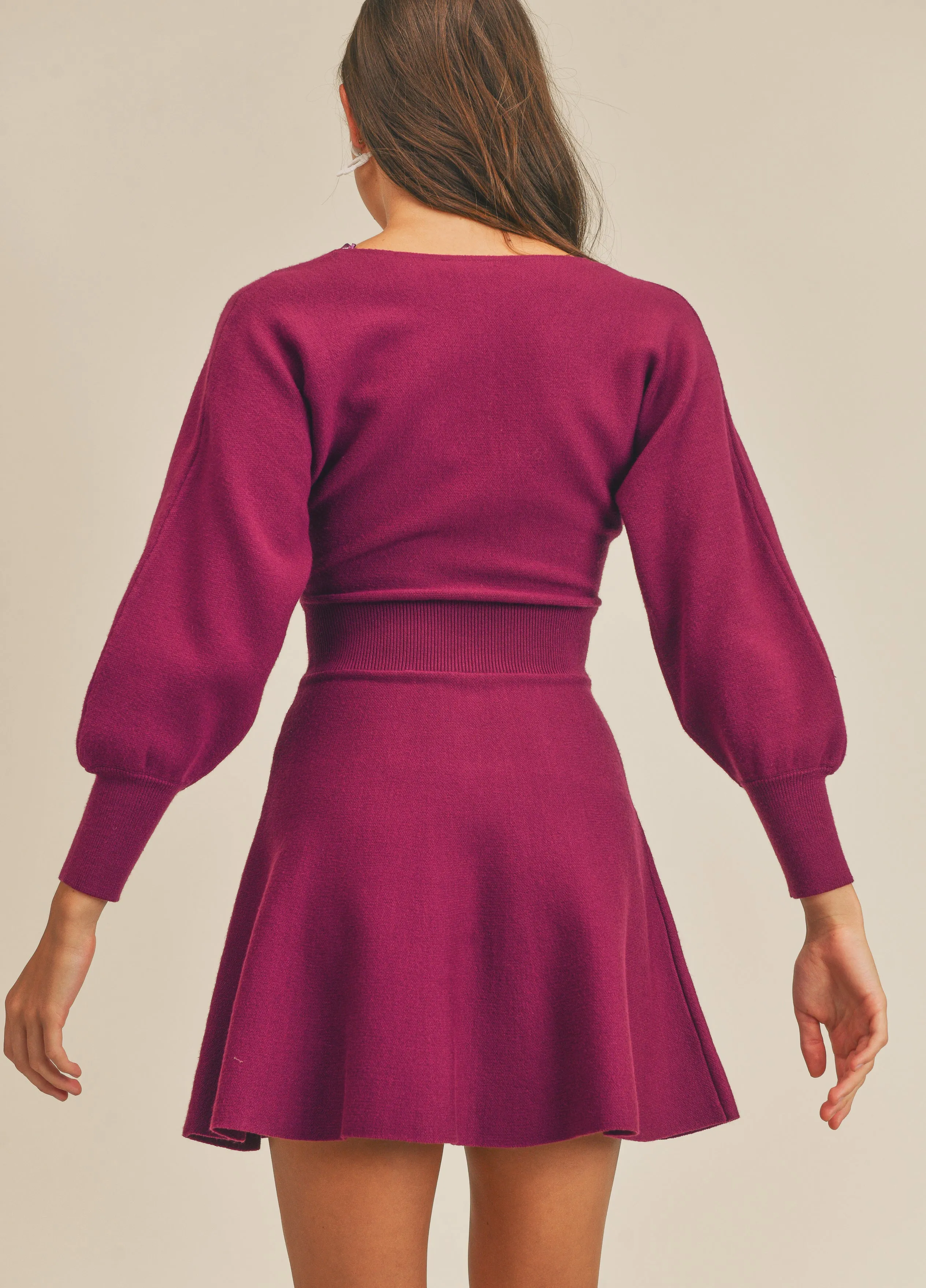 Eggplant Long Sleeve Wrap Mini Flare Dress