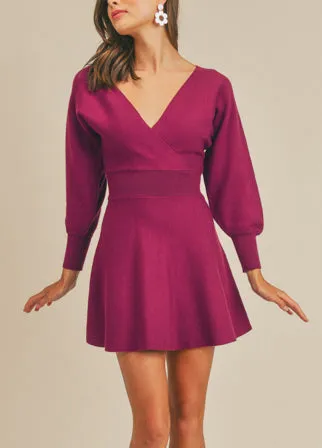 Eggplant Long Sleeve Wrap Mini Flare Dress