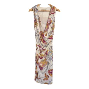 Emilio Pucci 100% Viscose Sleeveless Designer Midi Dress White Pink Multi Butterfly Print UK Size 12