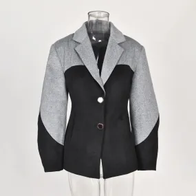 Fashion Women's Woolen Coat Lapel Slim Single Breasted Full Sleeve Spliced Panelled Waist Overcoat