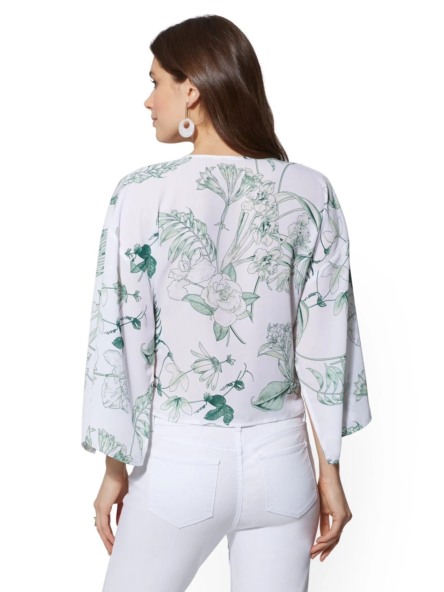 Floral V-Neck Tie-Front Blouse in Paper White