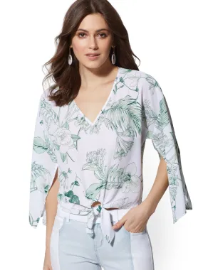 Floral V-Neck Tie-Front Blouse in Paper White