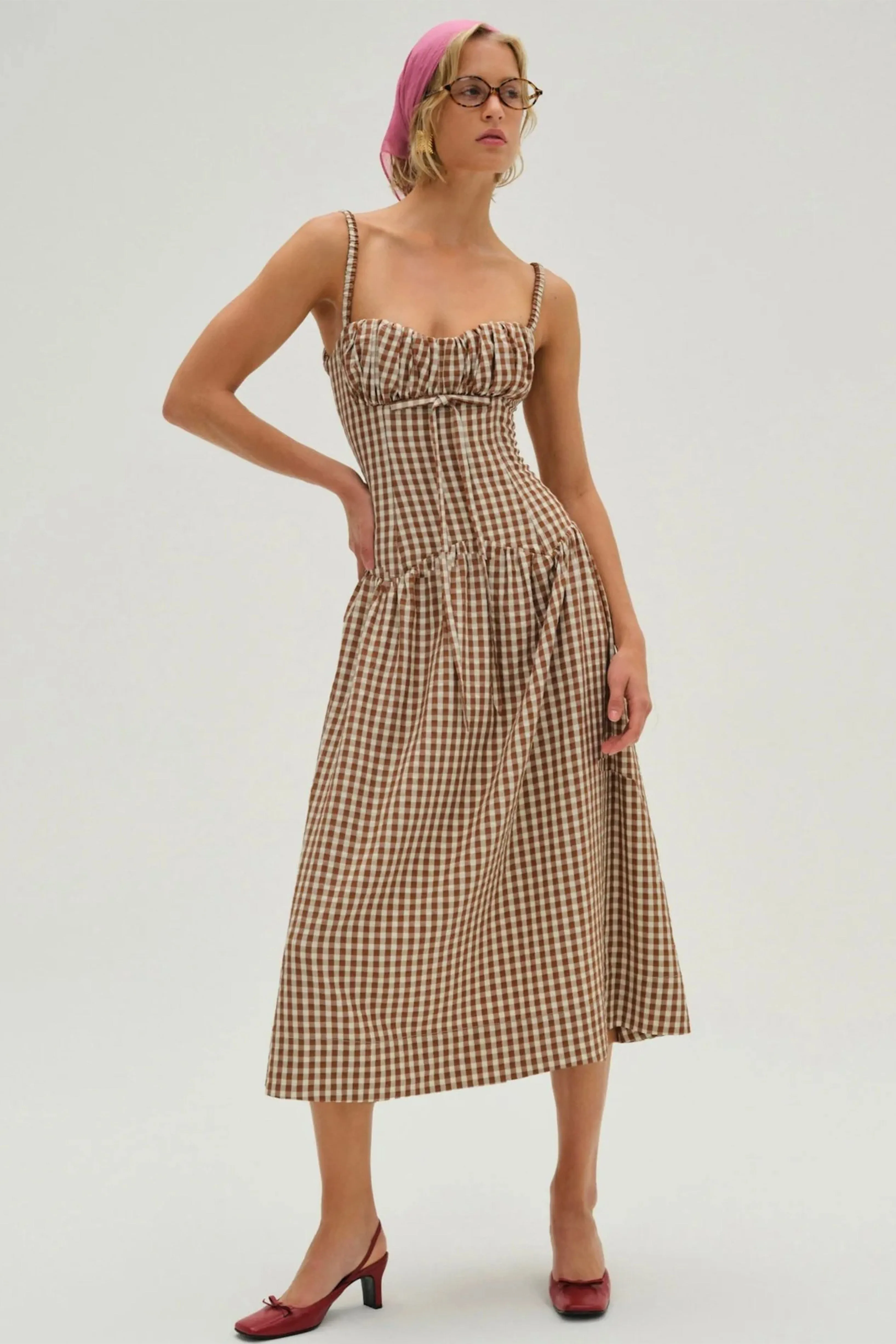 FOR LOVE & LEMONS | Gingerbread Gingham Midi Dress - Brown