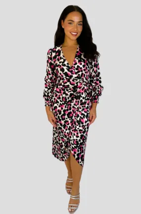 Fuchsia Leopard Print Faux Wrap Satin Dress