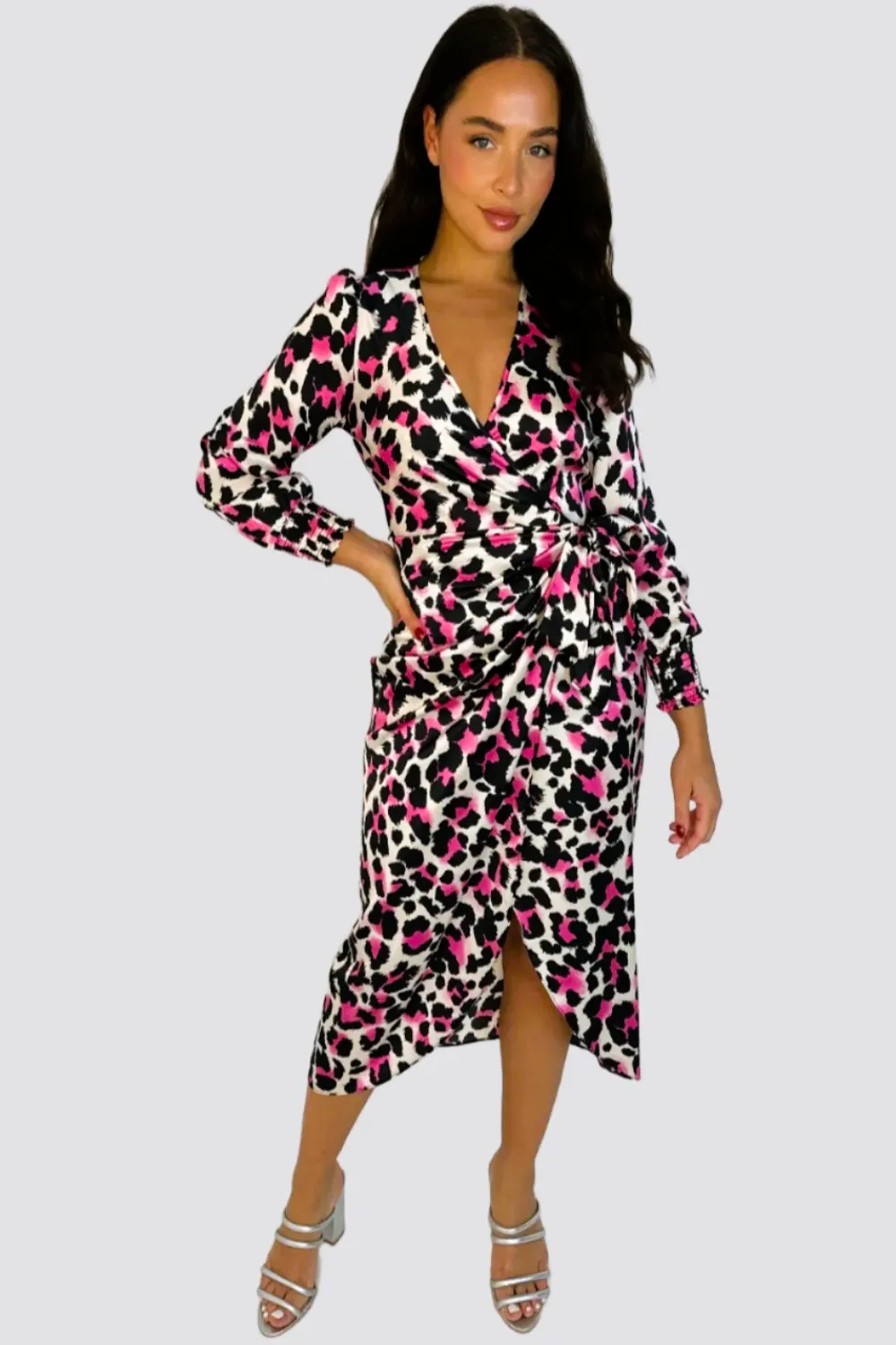 Fuchsia Leopard Print Faux Wrap Satin Dress