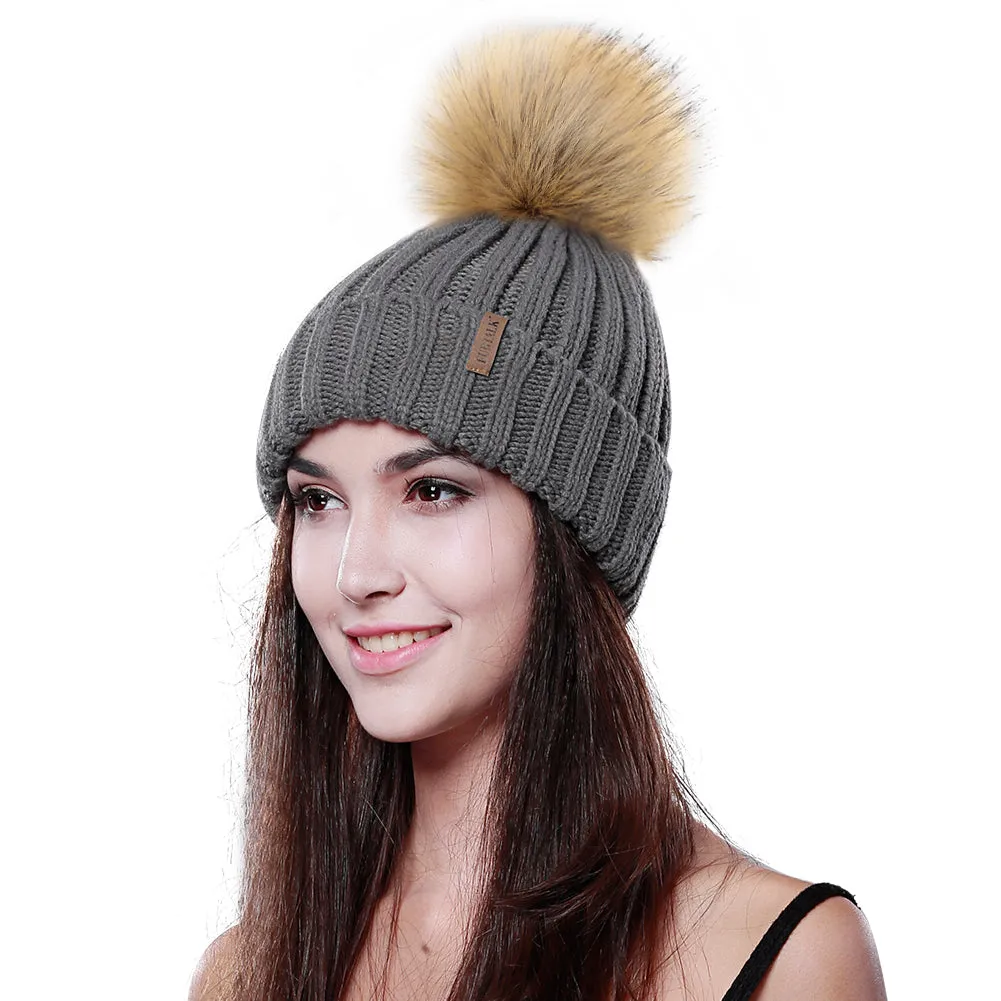 FURTALK Women Winter Faux Fur PomPom Hat Drop Shipping HTWL001