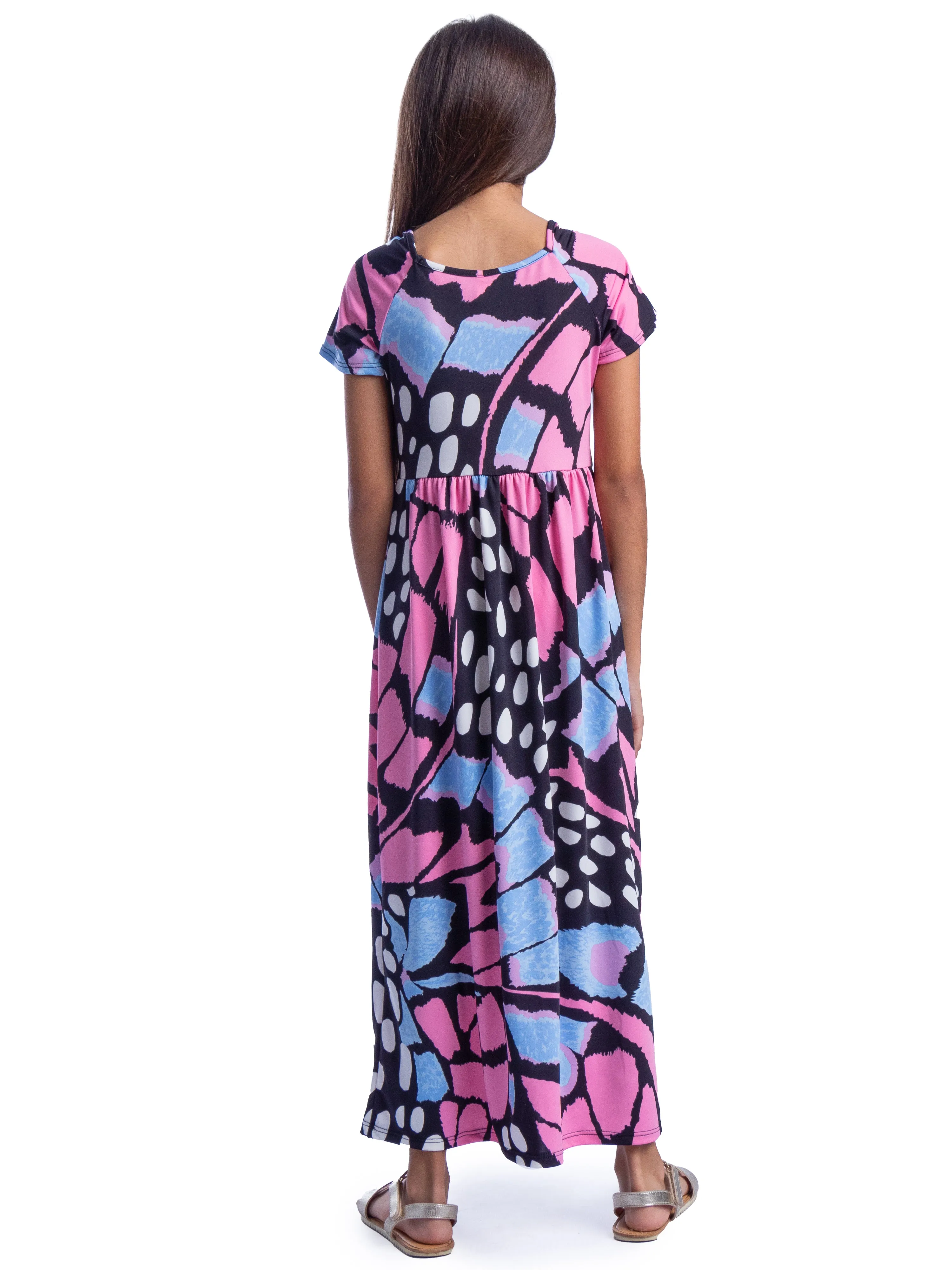 Girls Butterfly Print Short Sleeve Pleated Maxi Dress