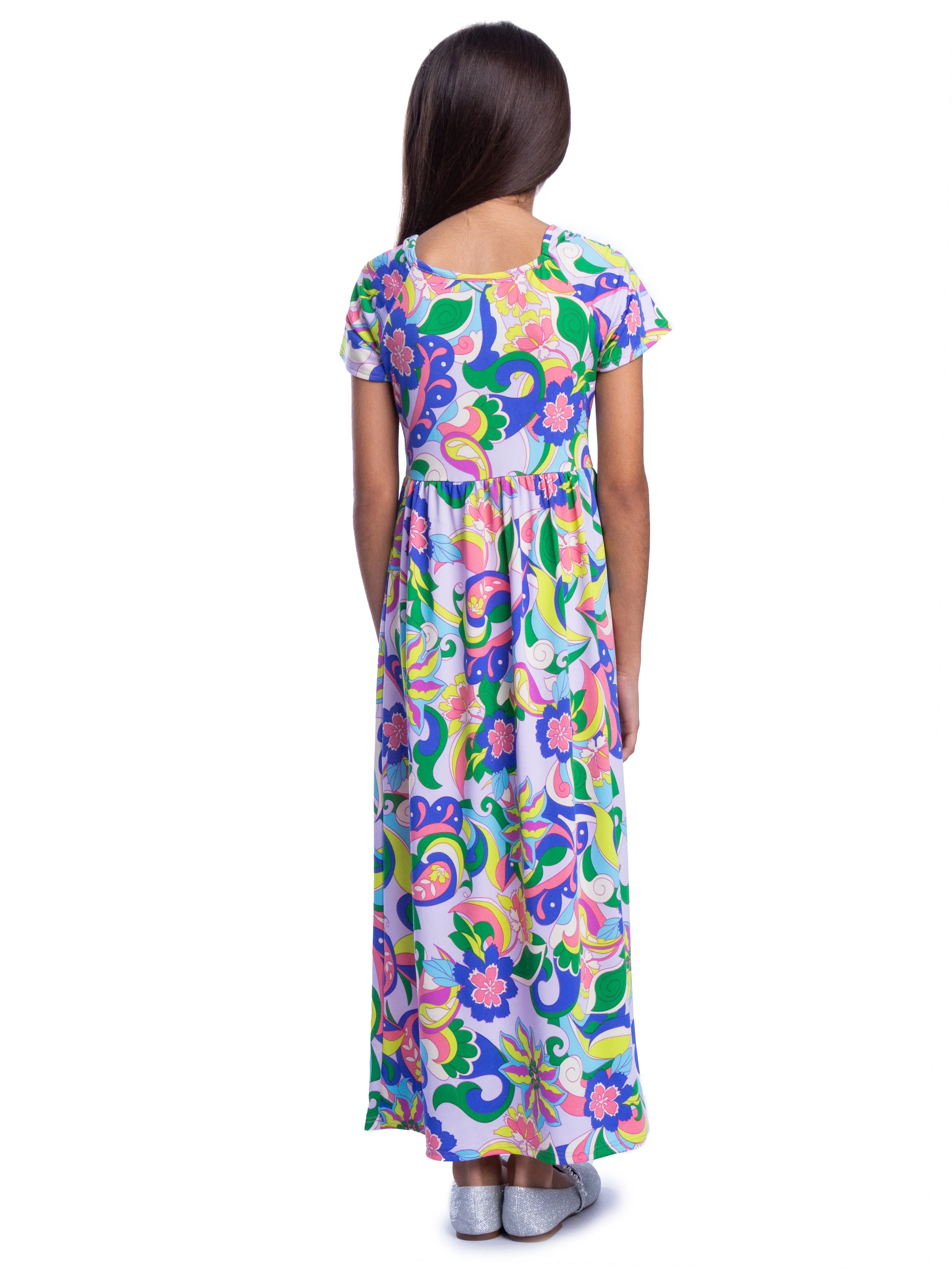 Girls Floral Print Short Sleeve Pleated Maxi Dress