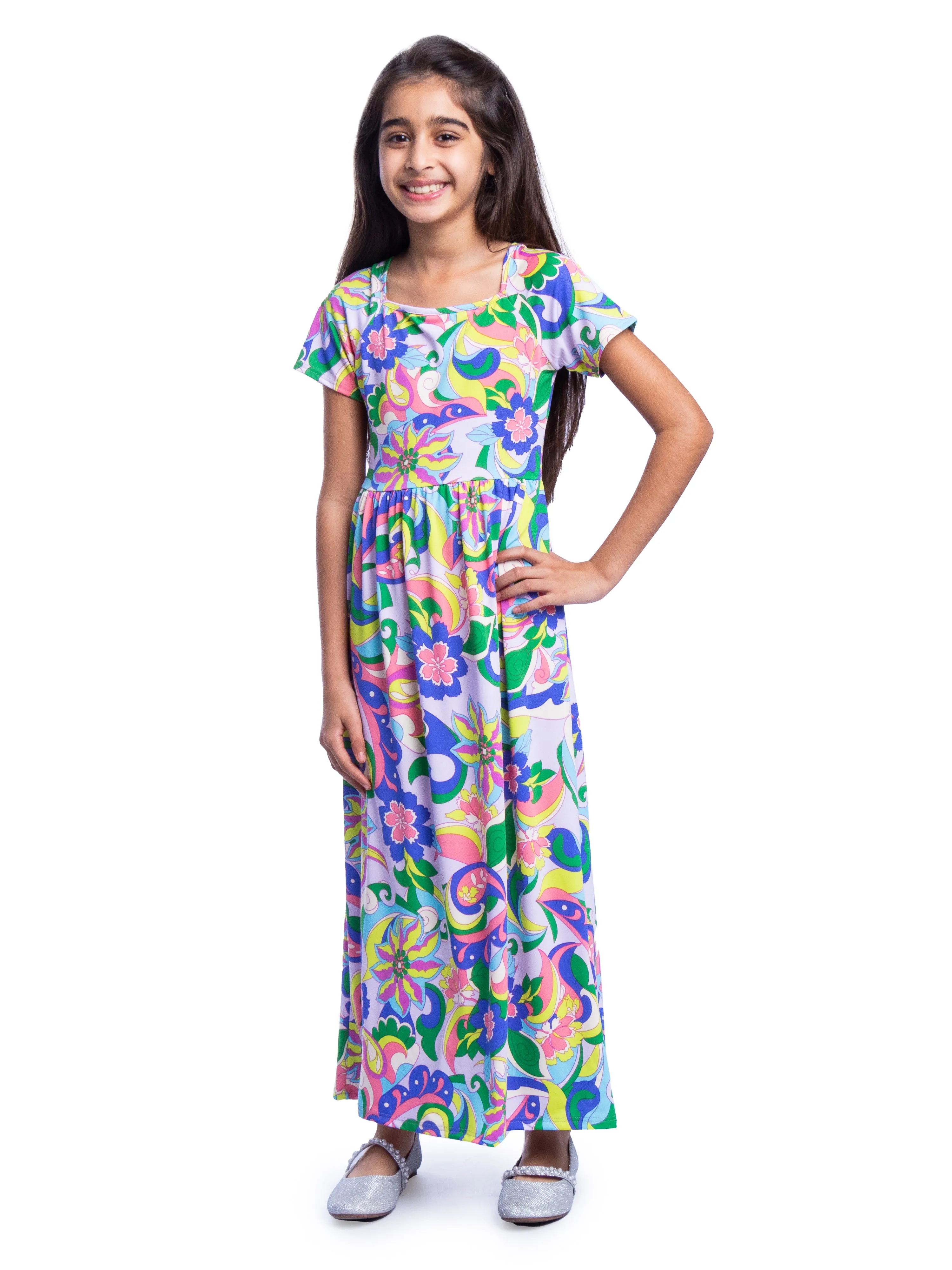 Girls Floral Print Short Sleeve Pleated Maxi Dress