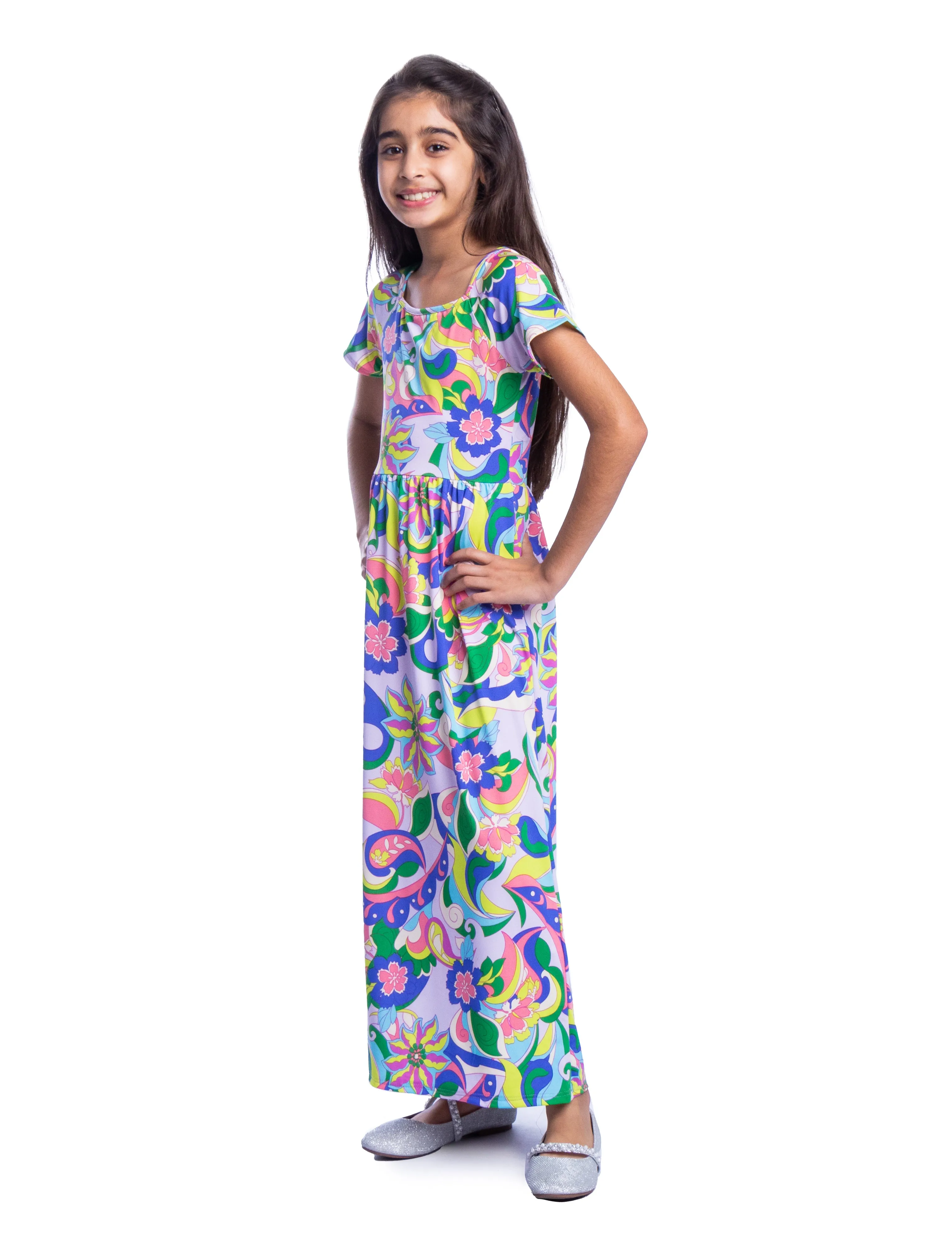 Girls Floral Print Short Sleeve Pleated Maxi Dress