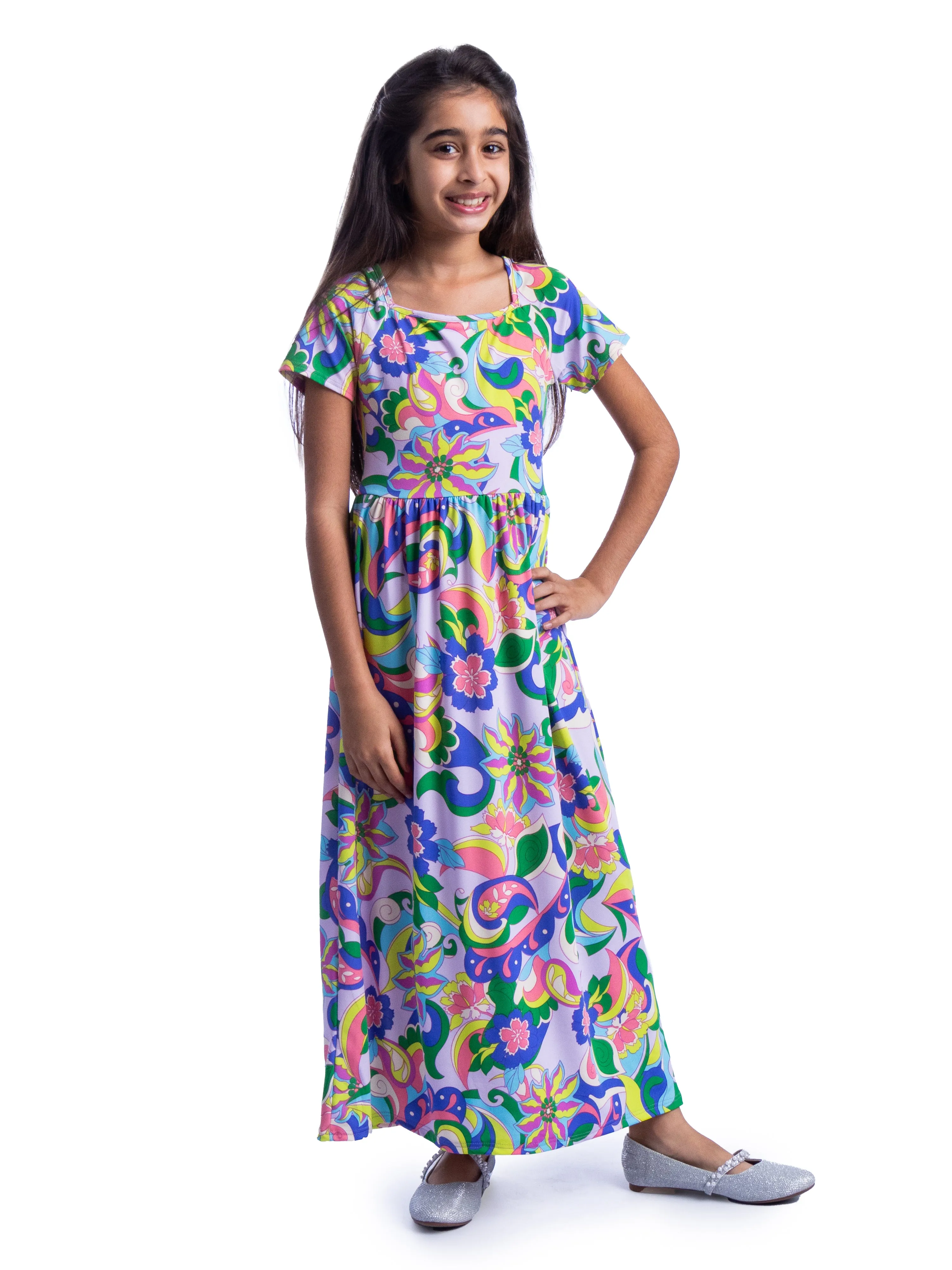 Girls Floral Print Short Sleeve Pleated Maxi Dress