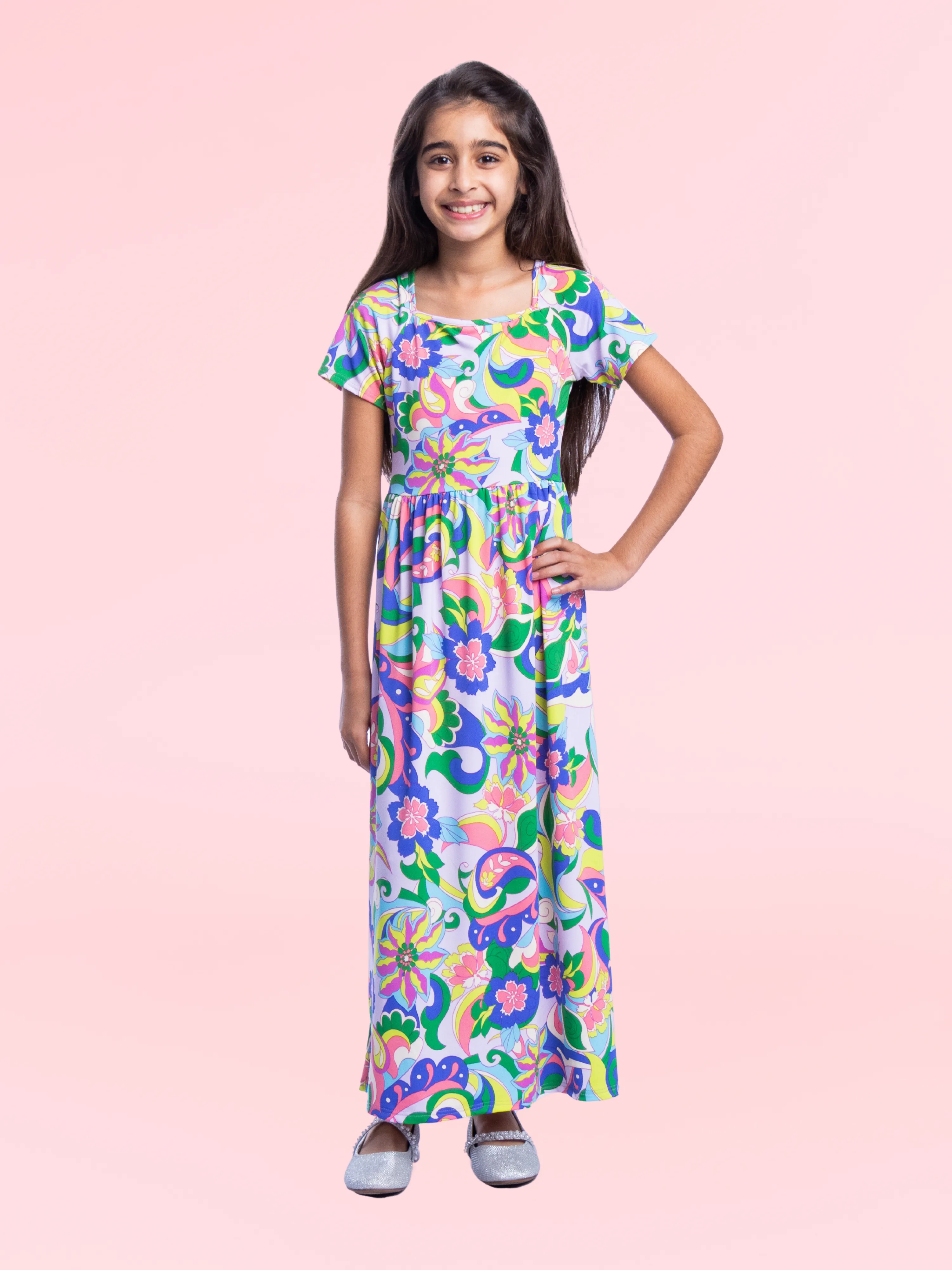 Girls Floral Print Short Sleeve Pleated Maxi Dress