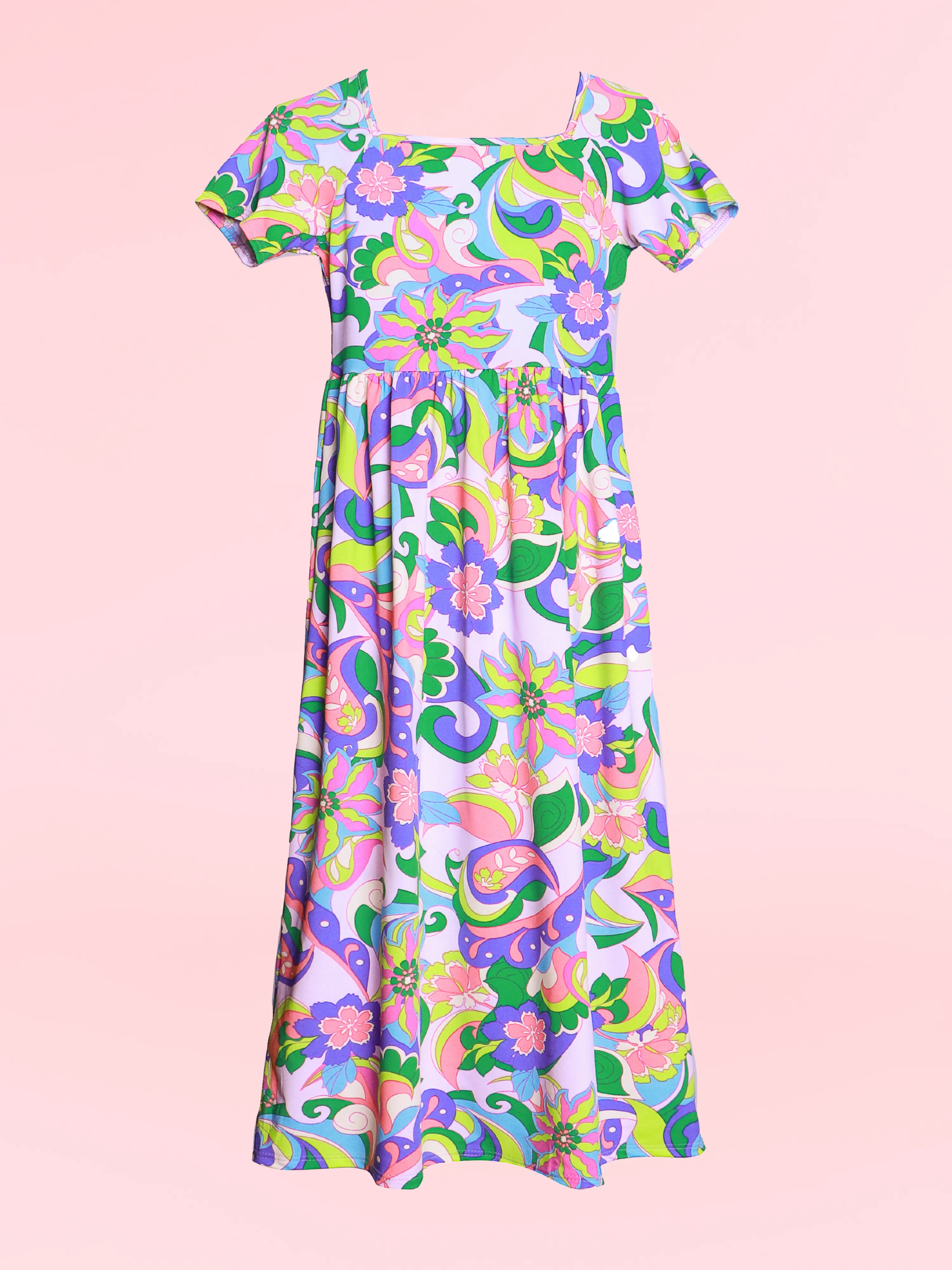 Girls Floral Print Short Sleeve Pleated Maxi Dress