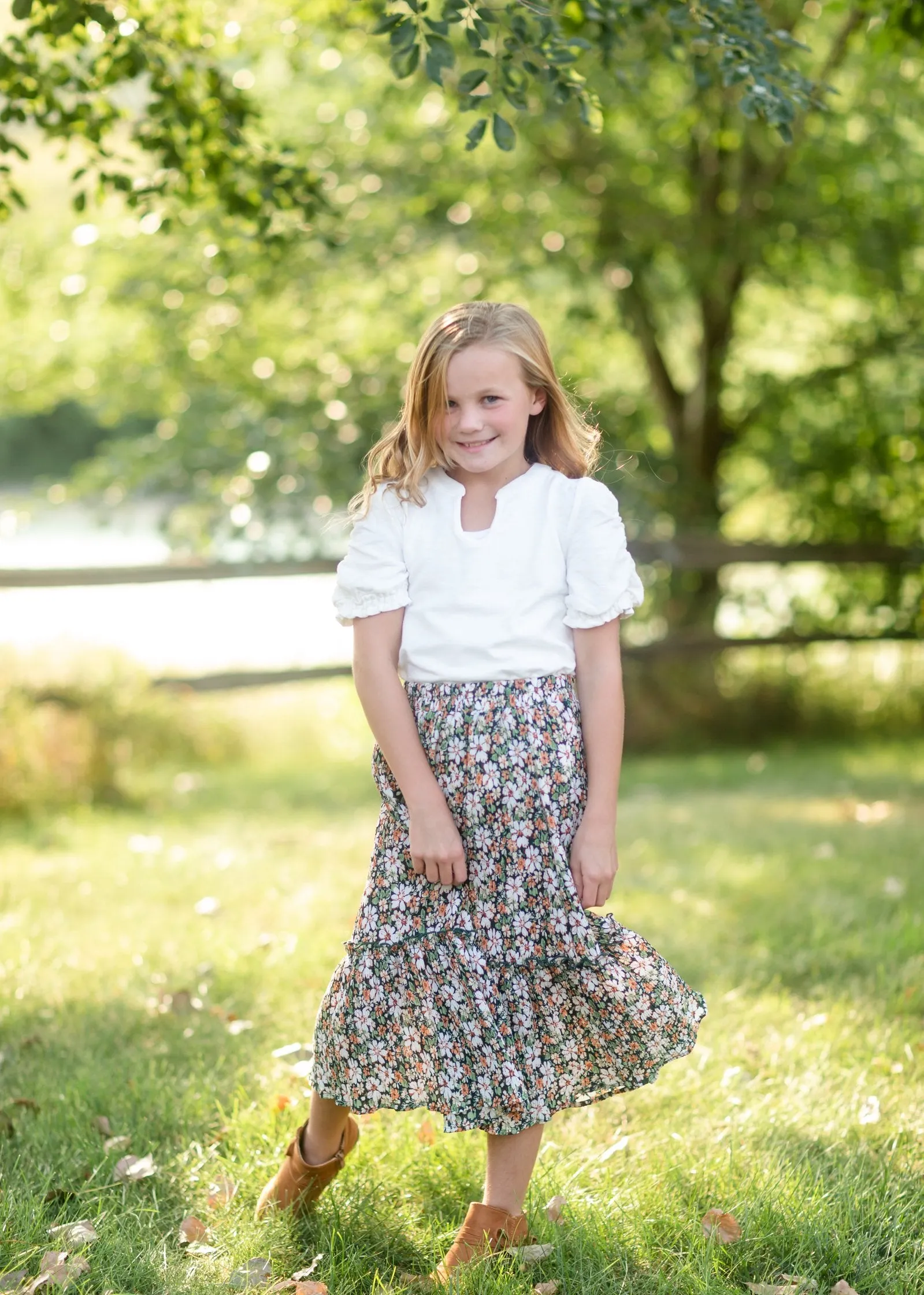 Girls Green Floral Pleated Ruffled Skirt