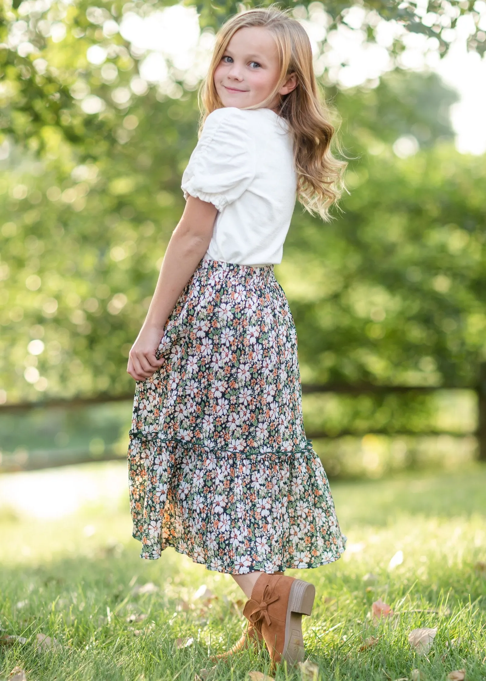 Girls Green Floral Pleated Ruffled Skirt