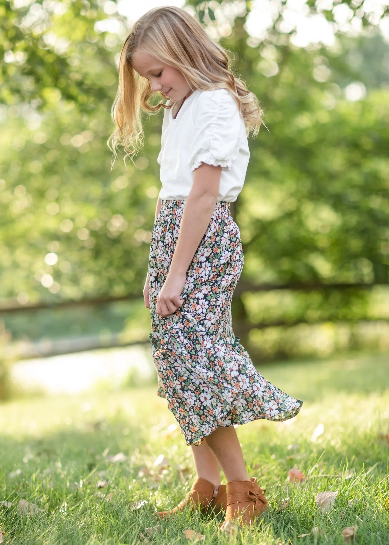 Girls Green Floral Pleated Ruffled Skirt