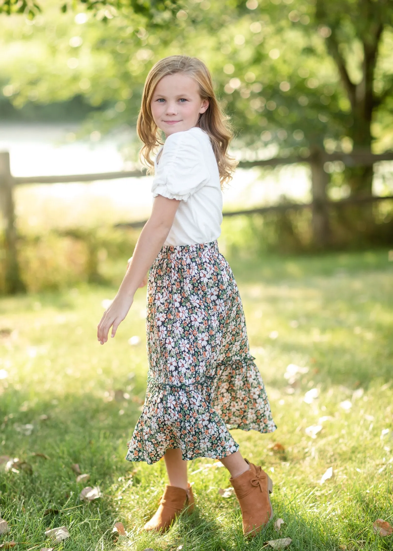 Girls Green Floral Pleated Ruffled Skirt