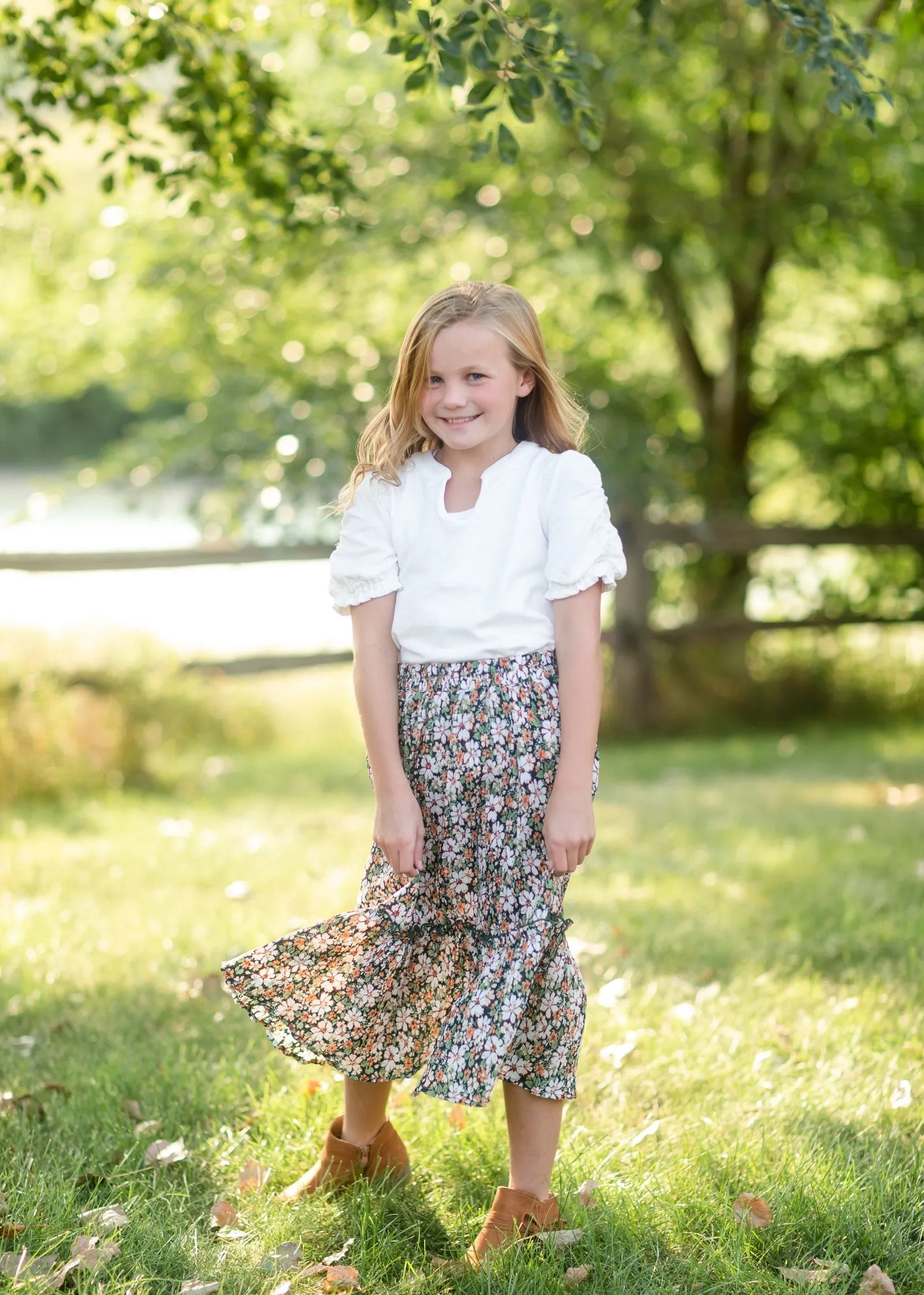 Girls Green Floral Pleated Ruffled Skirt