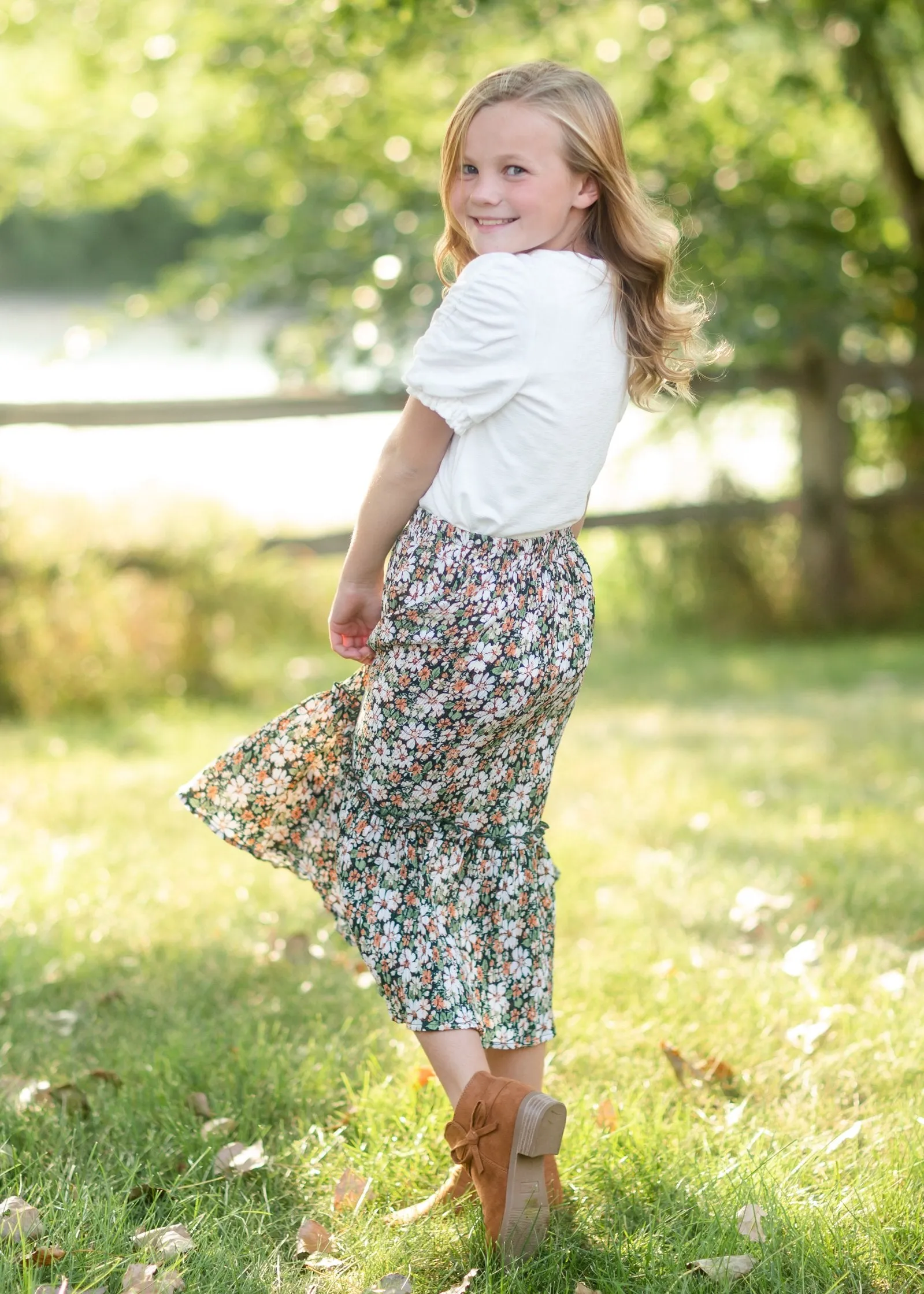 Girls Green Floral Pleated Ruffled Skirt