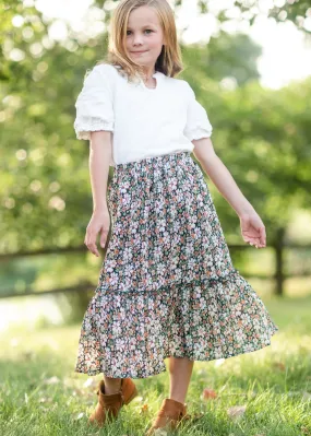 Girls Green Floral Pleated Ruffled Skirt