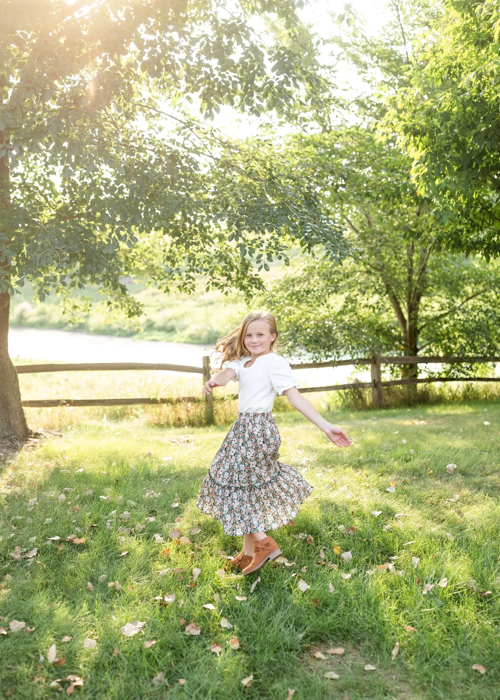 Girls Green Floral Pleated Ruffled Skirt