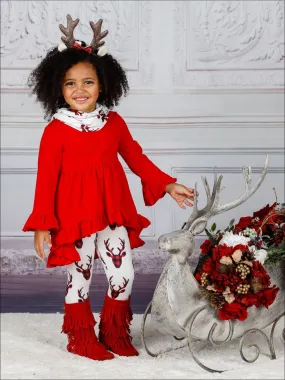 Girls Ruffled A-Line Long Sleeve Tunic, Moose Print Leggings And Scarf Set