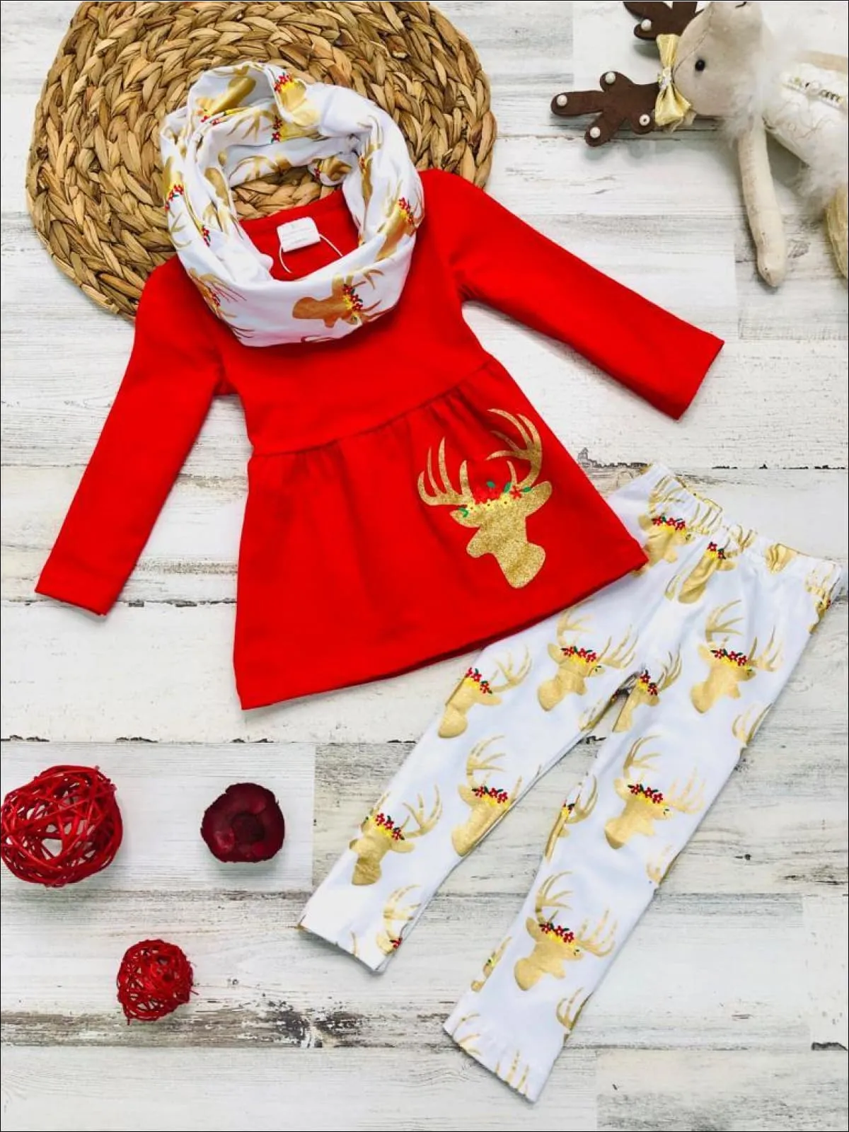 Girls Winter Themed A-Line Long Sleeve Moose Applique Tunic, Moose Print Leggings And Scarf Set