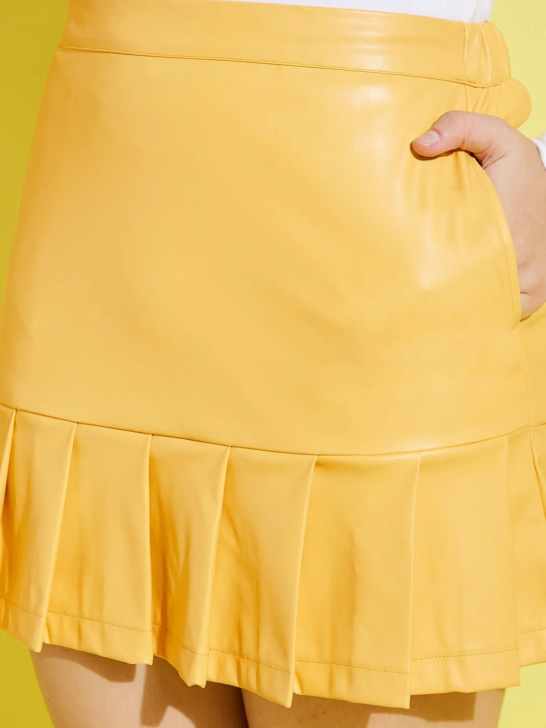 Girls Yellow Pu Pleated Skirt