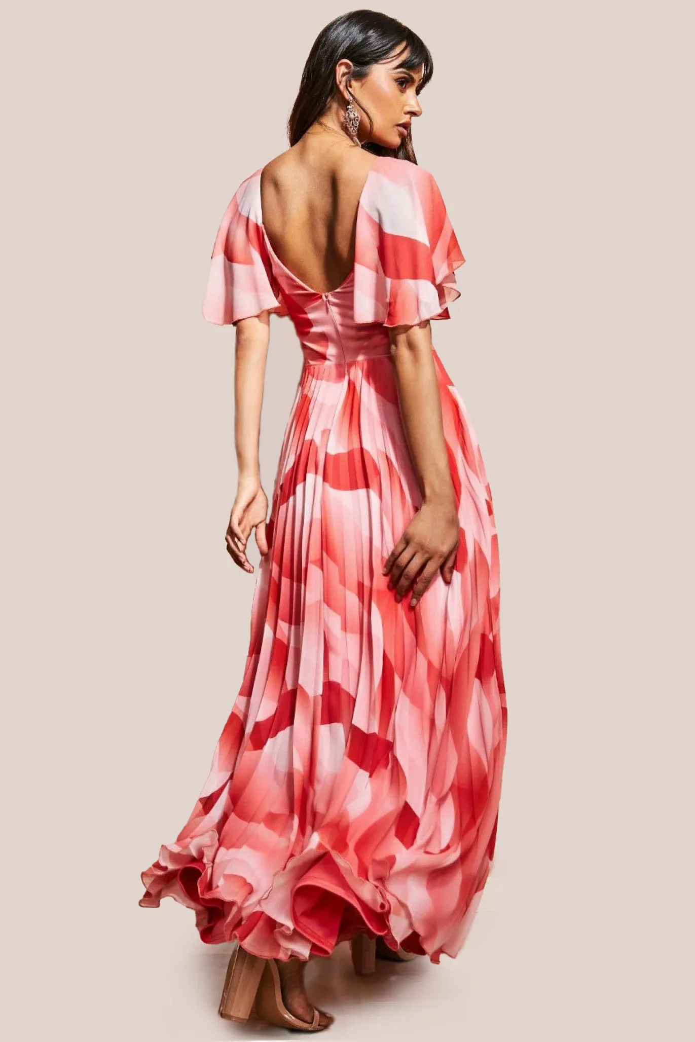 Goddiva Printed Chiffon Pleated Maxi Dress - Coral