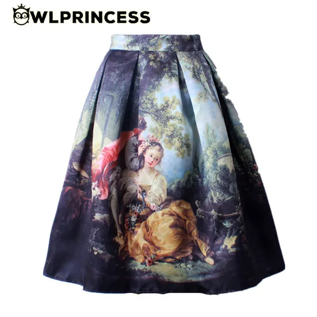 GOKIC 2017 Summer Women Vintage Retro Satin Floral Pleated Skirts Audrey Hepburn Style High Waist A-Line tutu Midi Skirt