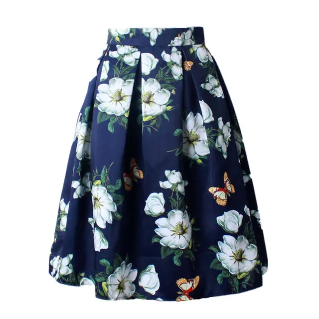 GOKIC 2017 Summer Women Vintage Retro Satin Floral Pleated Skirts Audrey Hepburn Style High Waist A-Line tutu Midi Skirt