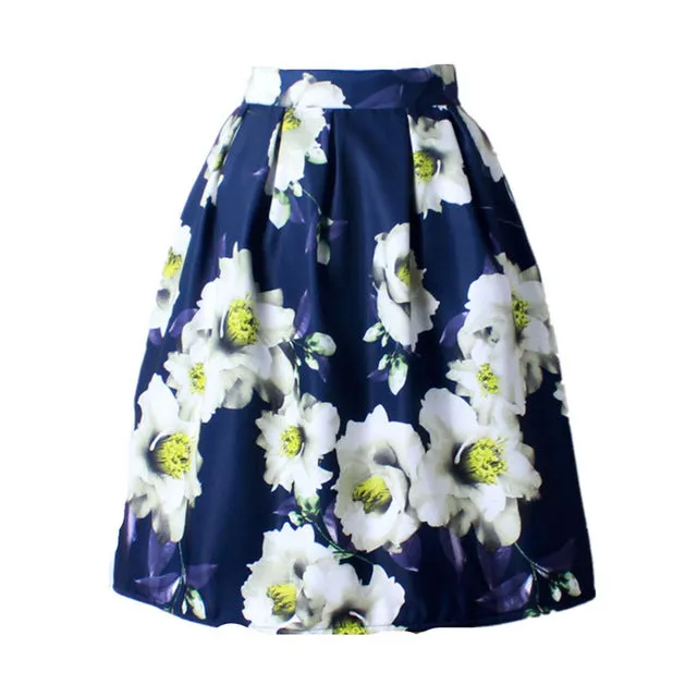 GOKIC 2017 Summer Women Vintage Retro Satin Floral Pleated Skirts Audrey Hepburn Style High Waist A-Line tutu Midi Skirt