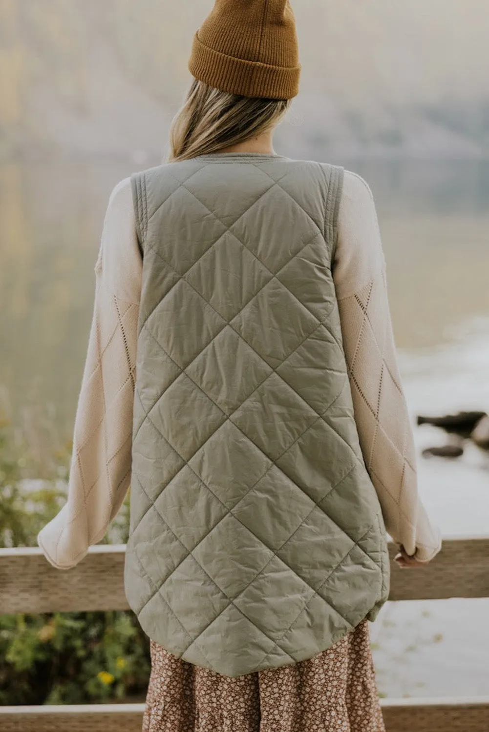 Grass Green Thermal Quilted Pockets Vest Coat