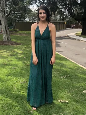 Green A Line V Neck Backless Lace Prom with High Slit, Backless Green Lace Formal Graduation Evening