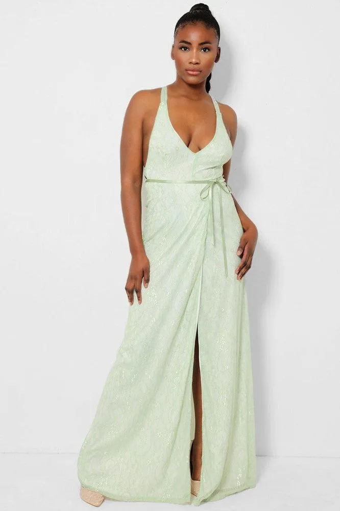 Green Delicate Lace Overlay Wrap Front Maxi Dress