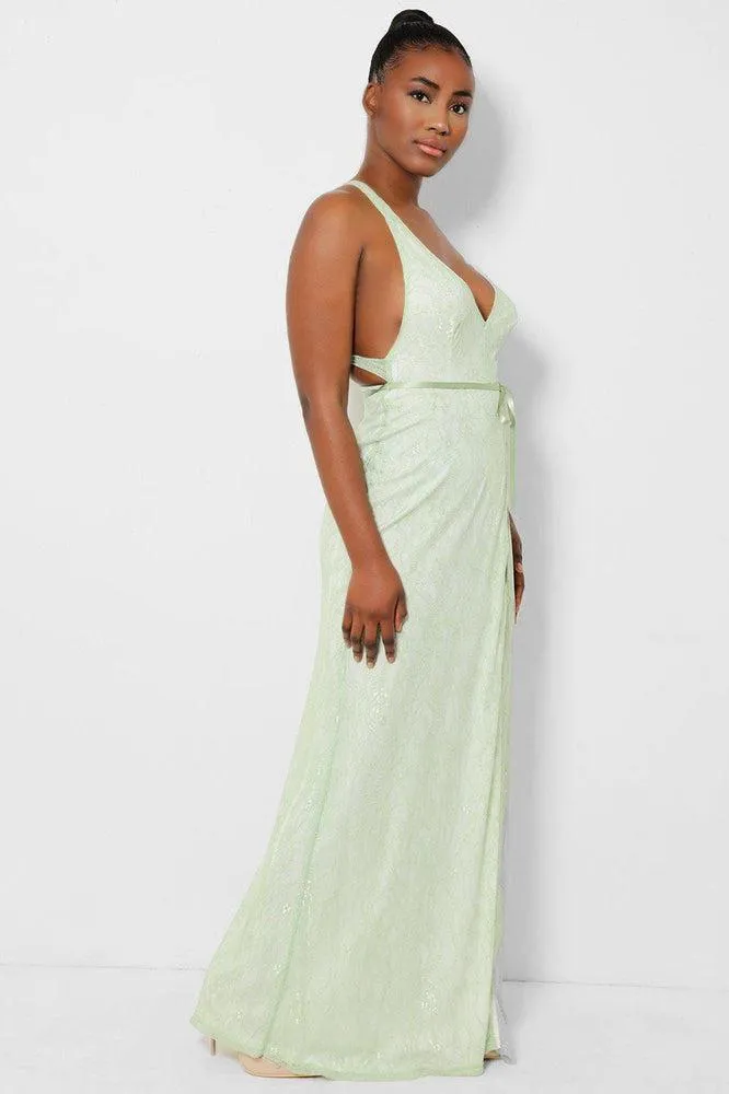 Green Delicate Lace Overlay Wrap Front Maxi Dress