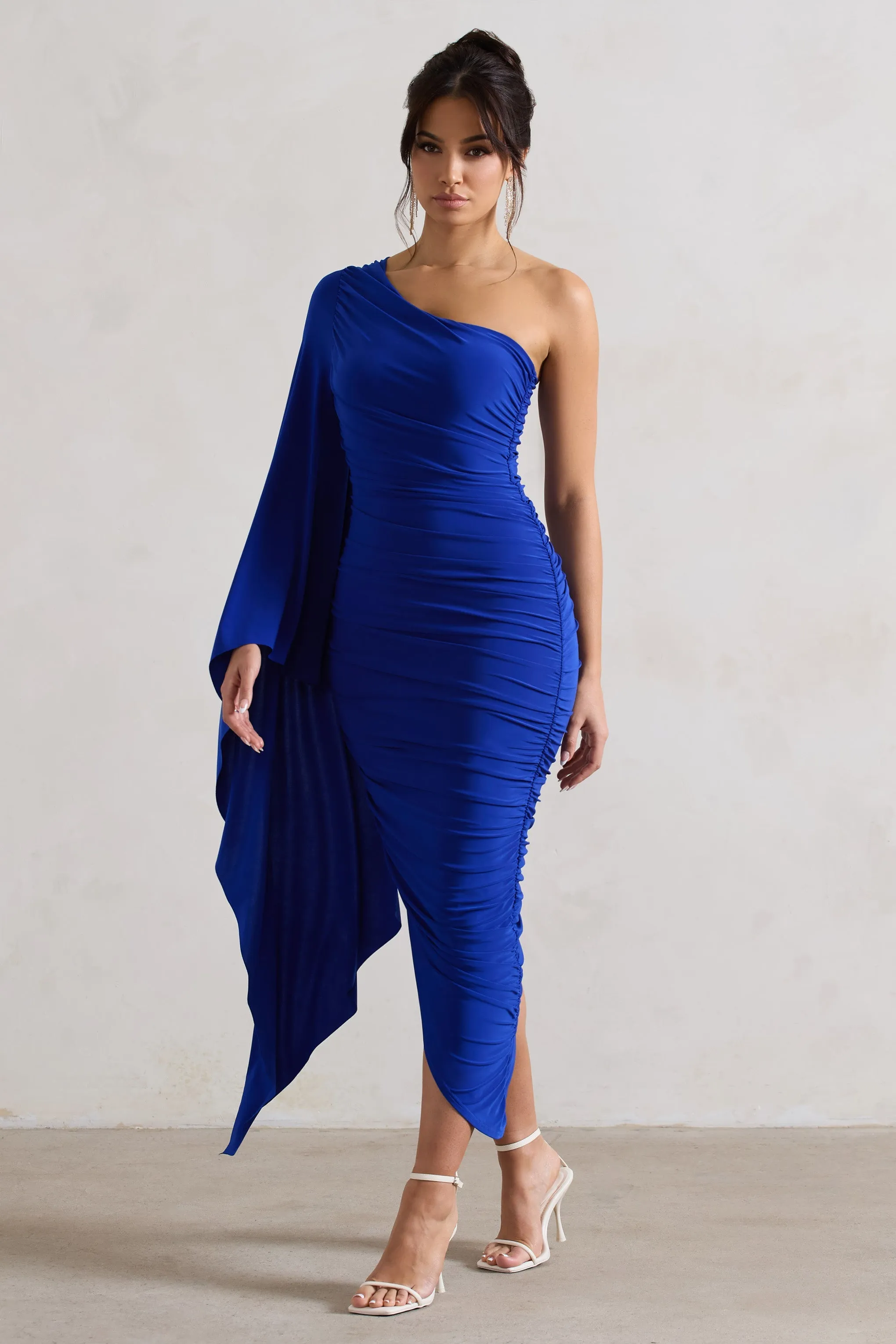 Halsey | Royal Blue Ruched One Shoulder Asymmetric Midi Dress