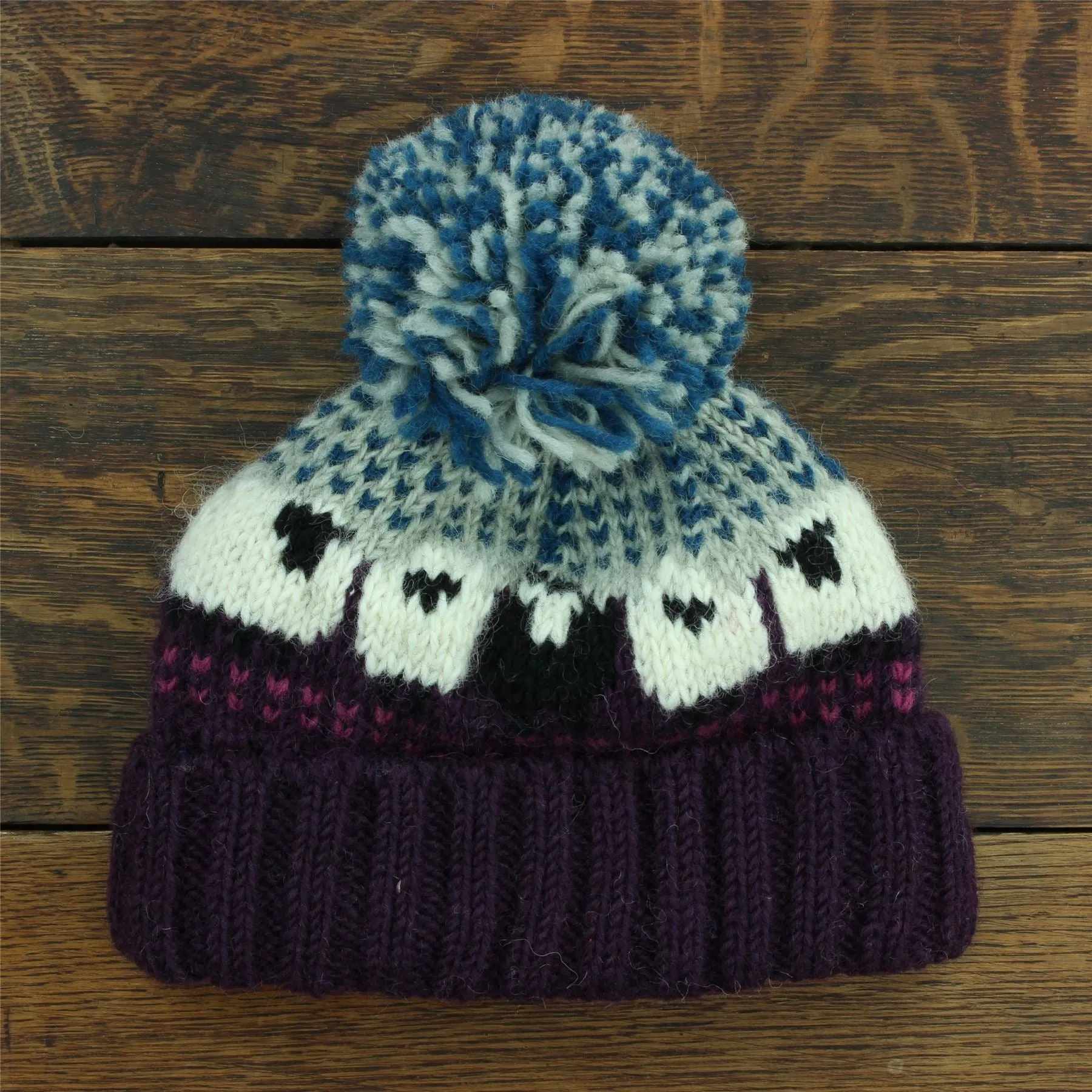 Hand Knitted Wool Beanie Bobble Hat - Sheep - Dark Pink