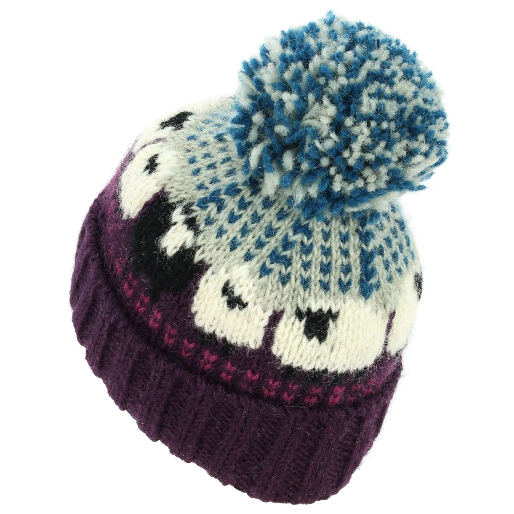 Hand Knitted Wool Beanie Bobble Hat - Sheep - Dark Pink