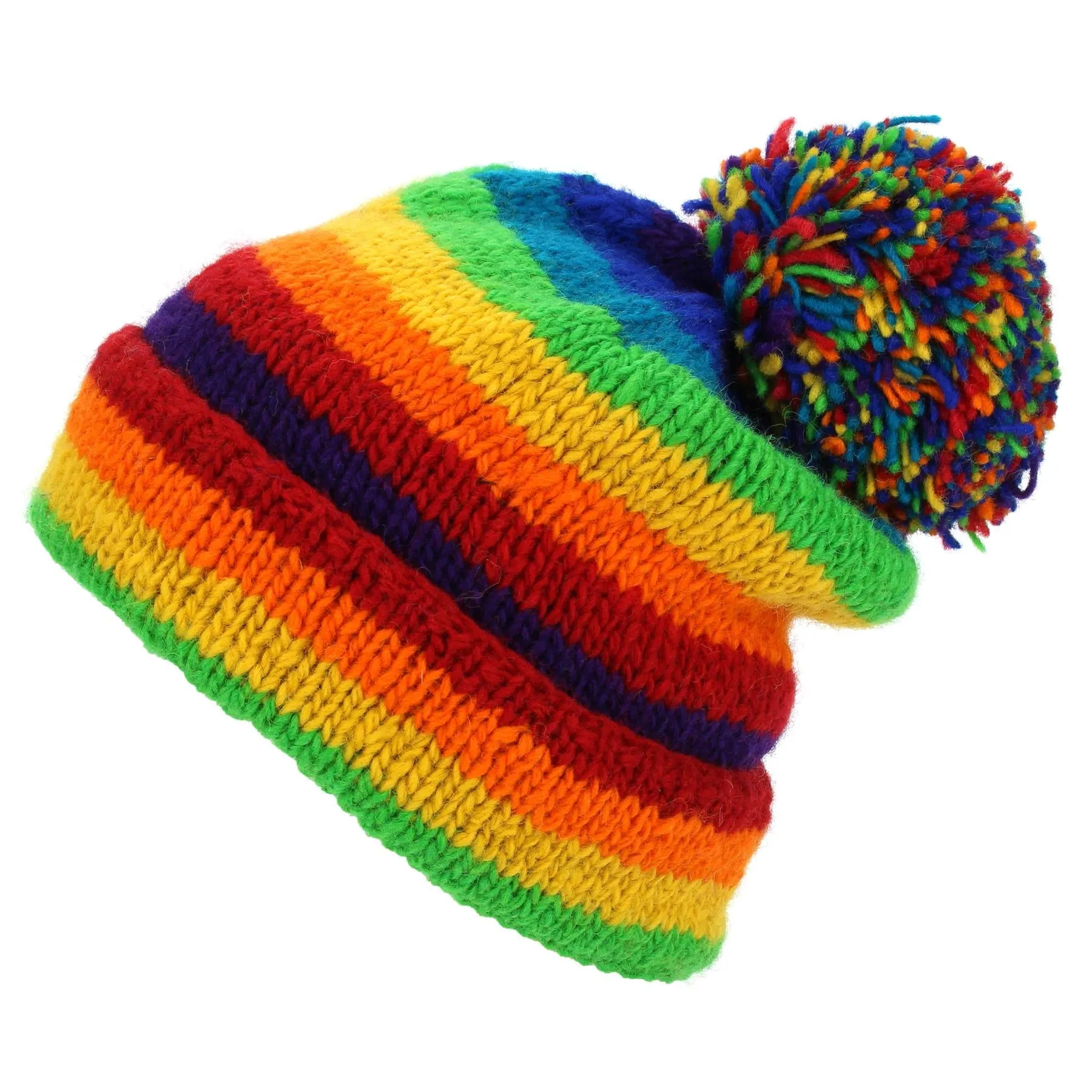 Hand Knitted Wool Beanie Bobble Hat - Stripe Rainbow 1